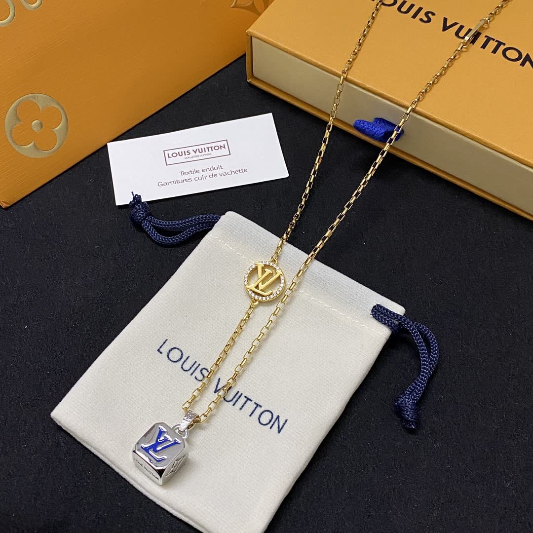 Louis Vuitton Gold Tone Chain Necklace with Logo Pendant